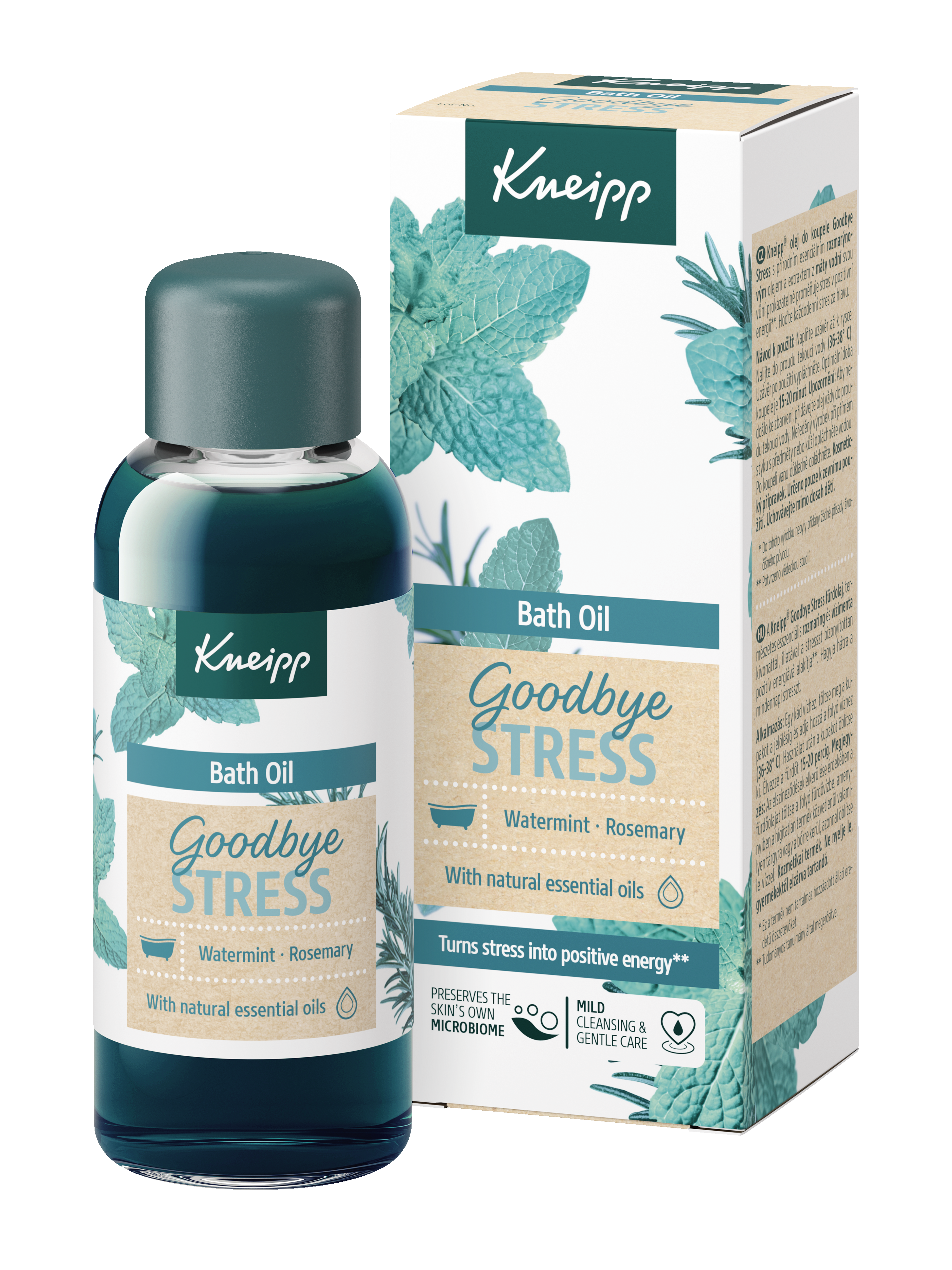 Kneipp olej do koupele Goodbye Stress 100 ml zbarví vodu do tyrkysově modré a provoní ji vodní mátou a rozmarýnem