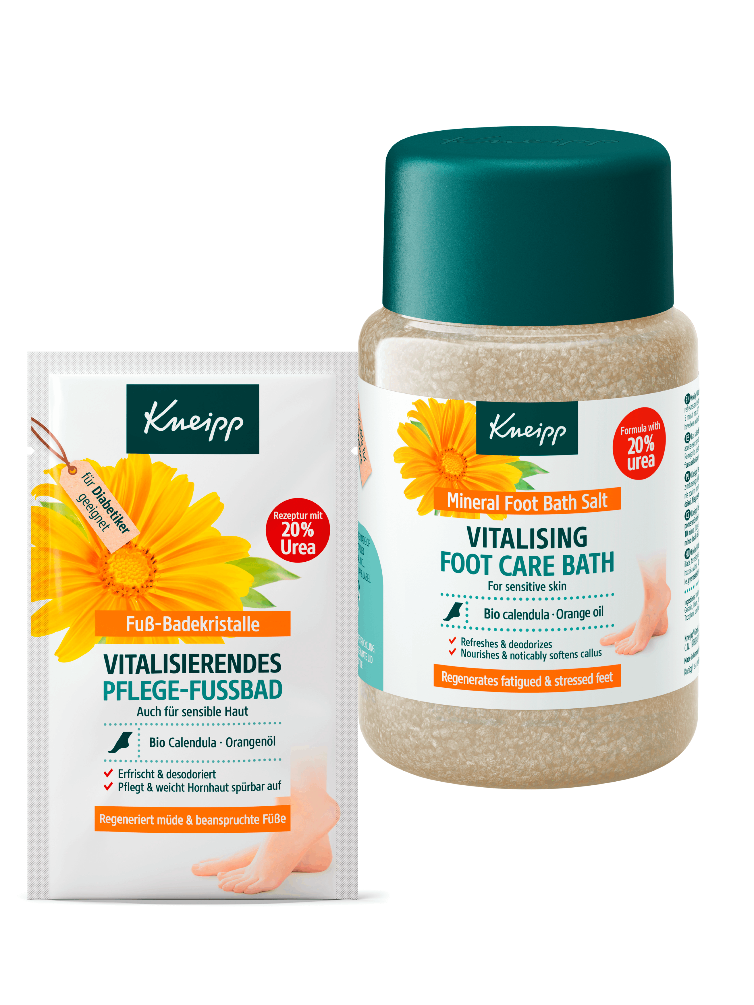 500g a 40g balení Kneipp soli pro péči o chodidla pro osvěžující a relaxační koupel nohou.