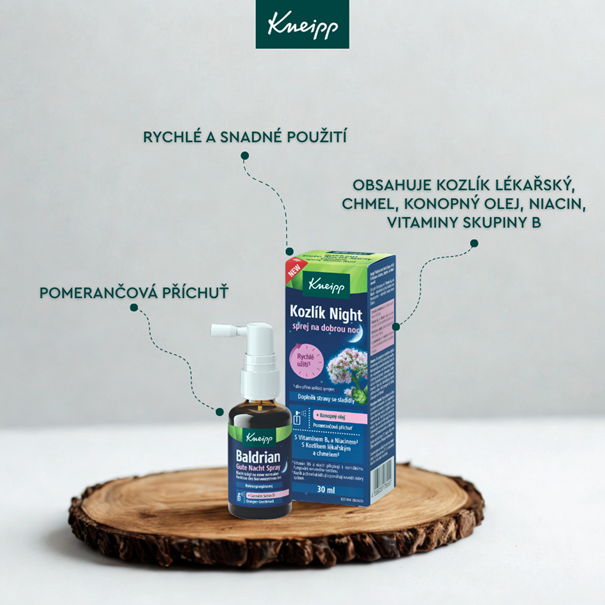 Kneipp Kozlík Night ústní sprej s extraktem kozlíku lékařského určený pro klidné večerní usínání.