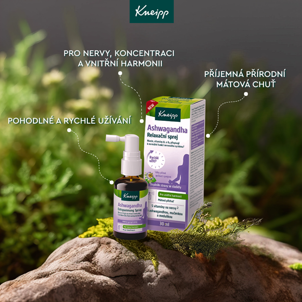 Produkt Kneipp Ashwagandha ústní sprej pro podporu klidu a zvládání stresu v praktickém balení.