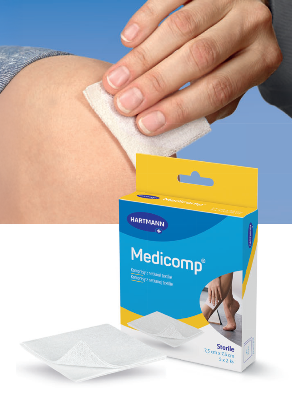 Měkkým sterilním kompresem Medicomp ránu jemně osušte nebo odsajte tekutinu