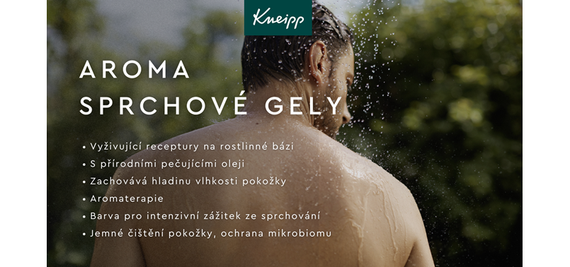 Banner Kneipp s pro sprchové gely s mužem pod venkovní sprchou