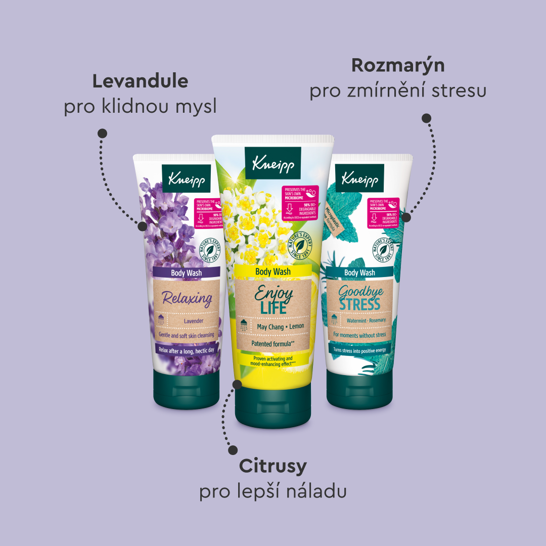 Trio sprchových gelů Kneipp Relaxing, Enjoy Life a Goodbye Stress