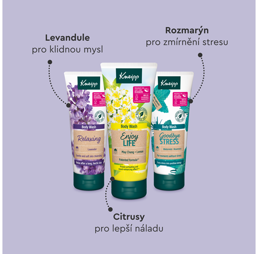 Trio sprchových gelů Kneipp Relaxing, Enjoy Life a Goodbye Stress